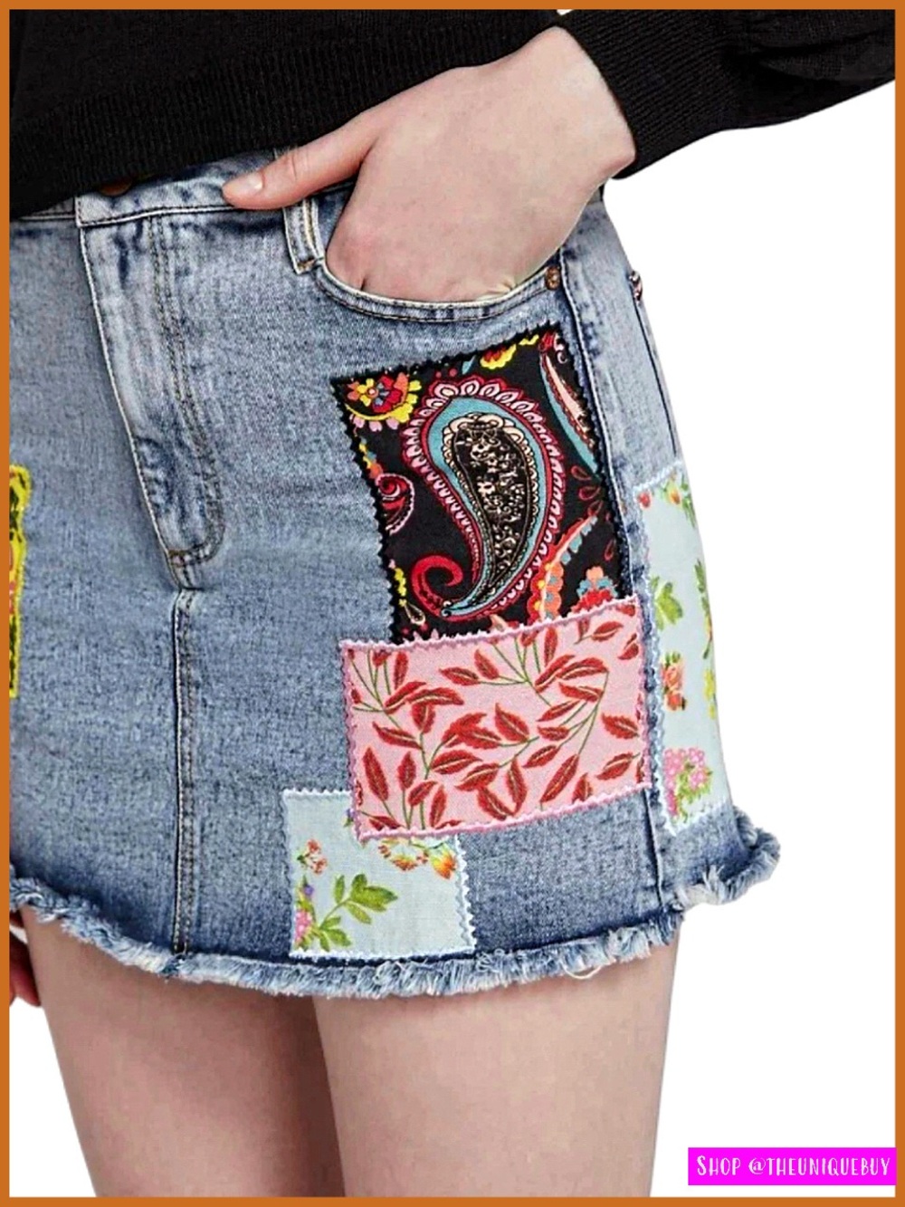 Alice + Olivia Patchwork Good High Rise Floral Denim Jeans Mini Skirt